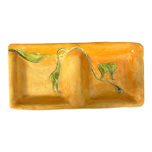 VTG Handmade Divided Ceramic Dish – Orange Glaze with Green Leaf Vine - Picture 1 of 3